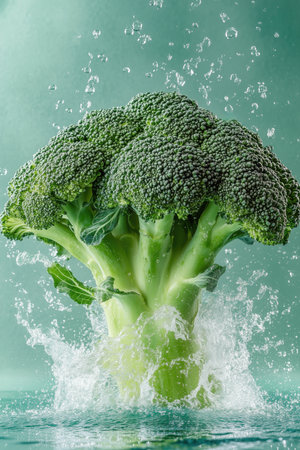 Fresh broccoli splashing in water with droplets on vibrant green backgroundの素材