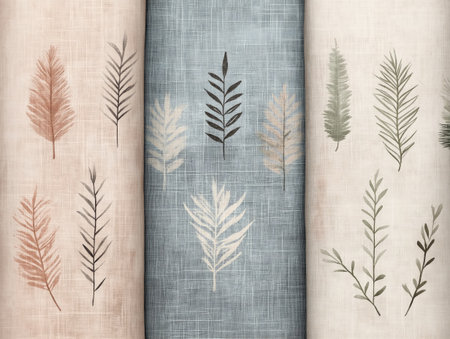 Elegant textile patterns featuring natural leaf designs in soft pastel colorsの素材