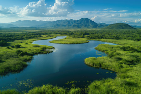Scenic view of lush wetlands with mountains in the background under a clear blue skyの素材