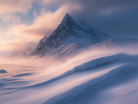 A towering mountain draped in snow stands tall amidst swirling fog, showcasing a dramatic winter atmosphere in the wilderness.の素材