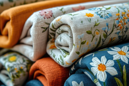 Soft textured fabrics with floral patterns displayed in warm colors for home decorの素材