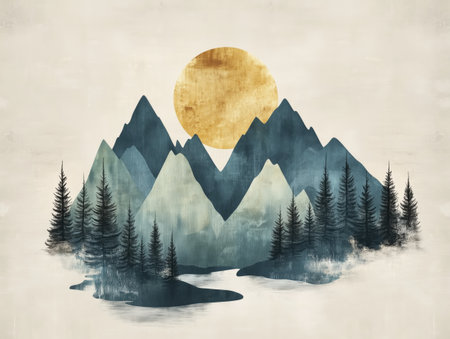 Beautiful mountain landscape with golden sun and evergreen trees at duskの素材