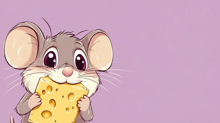 Happy cartoon mouse enjoying cheese with a playful expression.の素材