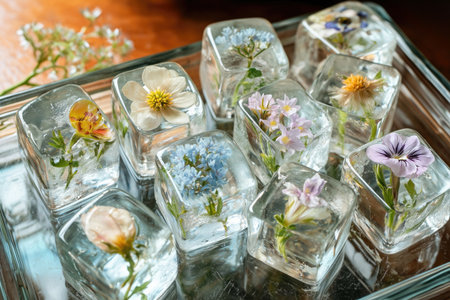 Elegant flower ice cubes arranged on a glass tray in soft natural lightの素材