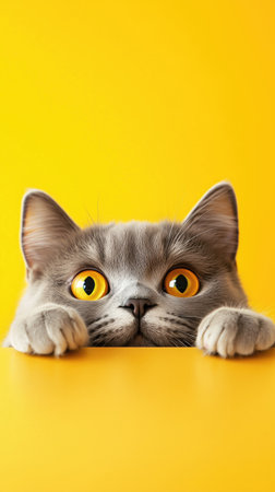 A gray cat with bright yellow eyes is curiously peeking over a vibrant yellow background, showing its playful nature.の素材