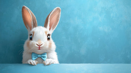 Cute white rabbit with large ears wearing a blue bow tie against a light blue backgroundの素材