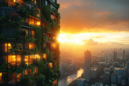 Lush vertical gardens adorn a modern building as the sun sets, casting warm light over the city skyline and greenery.の素材
