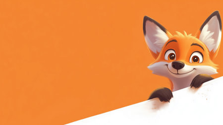 Cute cartoon fox peeking over a white surface with vibrant orange background.の素材