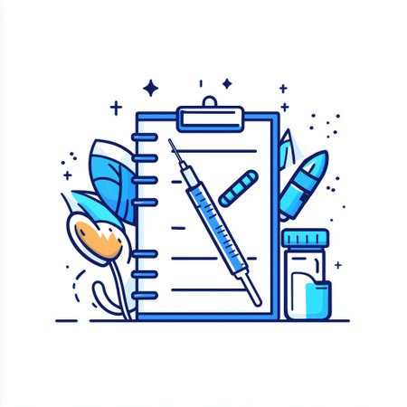 Medical clipboard with syringe, pills, and medication in a clean and simple designの素材