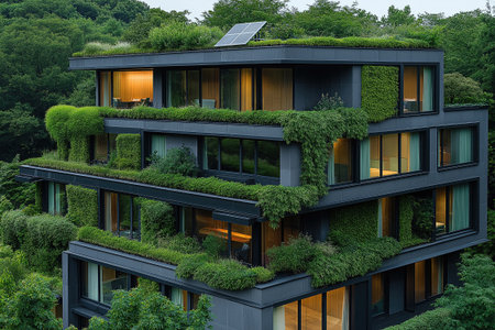 Modern eco-friendly building seamlessly blends with lush forest surroundings near mountainsの素材