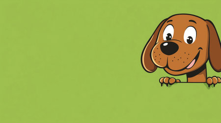 Happy cartoon dog peeking over a green background in a playful and cheerful mannerの素材