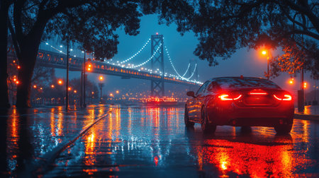 Nighttime cityscape with glowing bridge and wet pavement reflecting lights.の素材