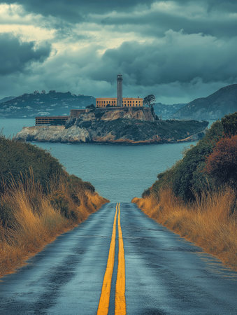Scenic pathway leading to historic island fortress under dramatic skyの素材