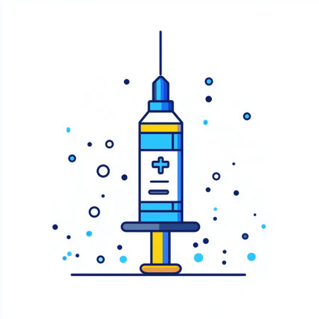 Illustration of a syringe with blue accents and abstract background elementsの素材