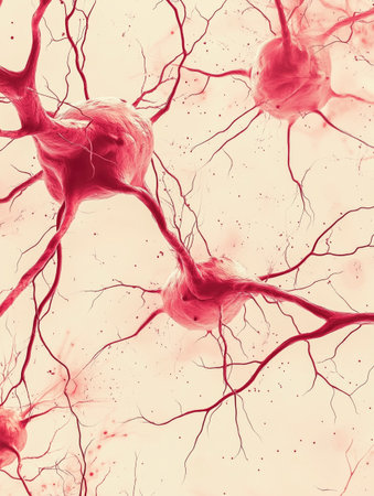 Colorful illustration of neurons showing intricate connections in a scientific study context.の素材