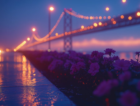 The bridge sparkles with lights in a serene twilight setting, framed by blooming flowers along the waterfront.の素材