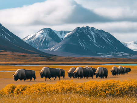 A group of bison grazes peacefully in a golden field with towering snow-capped mountains in the background during sunset.の素材