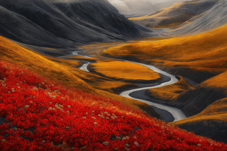 Autumn landscape with vibrant foliage and a winding river in Icelandの素材