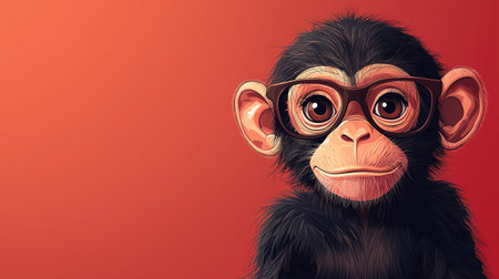 Cute cartoon monkey wearing glasses smiles against a bright red backgroundの素材