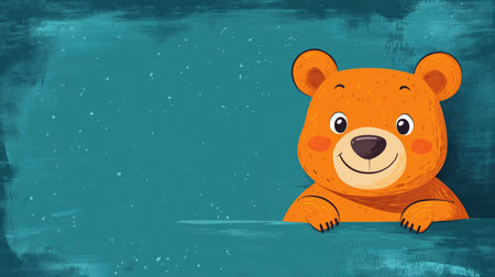 Cute cartoon bear smiling against a blue background with playful expressionの素材
