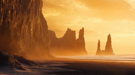 Breathtaking sunset over rocky coastline with unique formations along the beachの素材