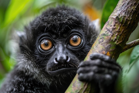 Curious black monkey with striking eyes perched on a tree branch in a tropical forestの素材