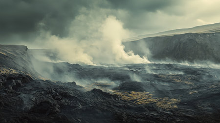 Majestic volcanic landscape with steam rising under a dramatic skyの素材