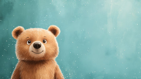 Cute cartoon bear smiling against a blue background with playful expressionの素材