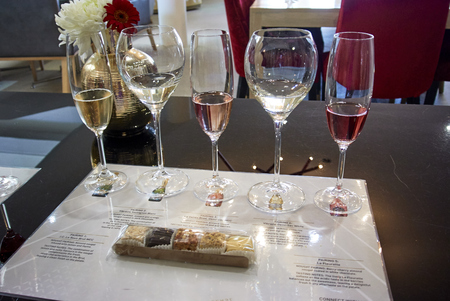 Set of glasses of champagne red rosÃ© white sparkling winesの写真素材