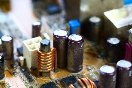 Closeup electronic circuit board dirty.