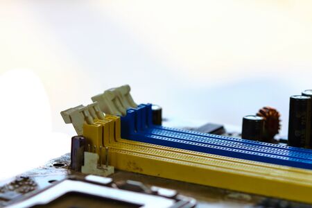 Closeup electronic circuit board dirty.