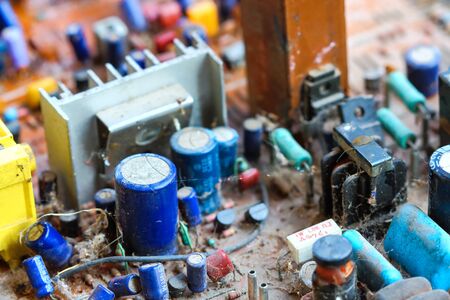 Closeup electronic circuit board background.
