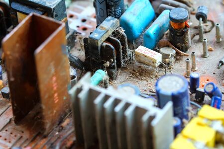 Closeup electronic circuit board background.