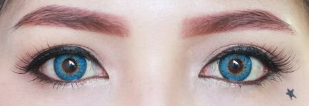 Macro of beautiful woman eyes wearing contact lensesの写真素材
