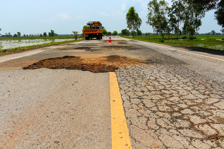 Large pit on asphalt highway.の写真素材