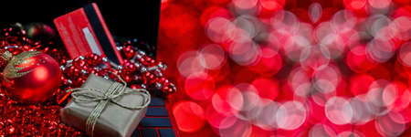 Christmas shopping banner in red with bokeh copy space