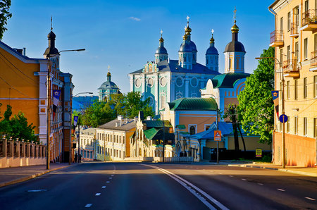 Street view of Holy Assumption Cathedral in Smolensk, Russiaのeditorial素材