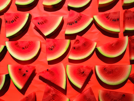 Watermelon Slices on Red Background: Juicy Summertime Refreshmentの素材