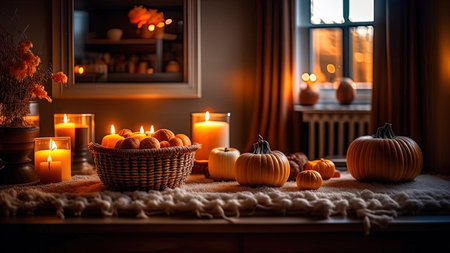 Cozy Autumn Interior: Picturesque Scenes with Soft Throws, Candles, and Decorative Pumpkinsの素材
