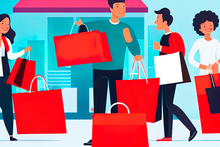 Illustration featuring shoppers with their shopping bags, an excellent addition for retail-themed contentの素材