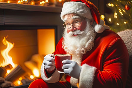 Portrait of Santa Claus drinking hot cocoa at home. Christmas and New Year concept.の素材