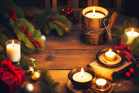 Christmas still life with burning candles, fir branches, gift boxes and Christmas decorations on wooden backgroundの素材