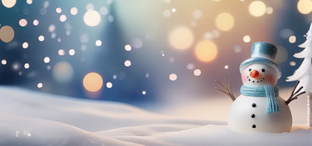 Snowman and Christmas tree on the snow with bokeh backgroundの素材