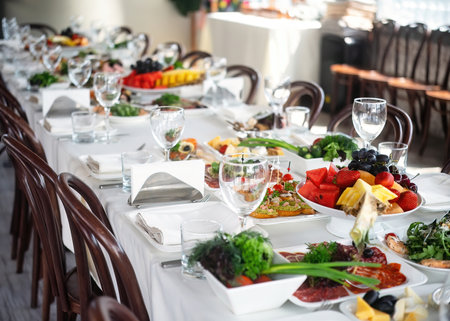 Table set for an event party or wedding reception in a restaurant.の写真素材