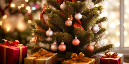 Close-up of a Christmas tree with festive ornaments and gifts. AI-generated imageの素材