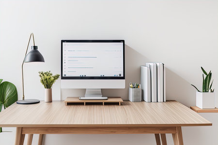 Minimalistic workplace with computer, supplies and decorations on wooden table. Mock up, 3D Renderingの素材