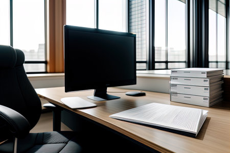 Close up of office desk with computer monitor and documents. Workplace concept. 3D Renderingの素材
