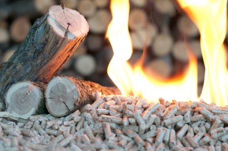 Oak Pellets in  flames- chopped firewood backgroundの写真素材