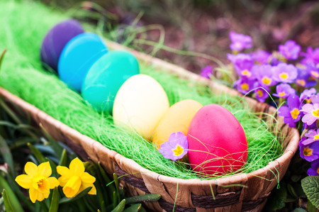 Easter eggs in a wooden basket in the garden