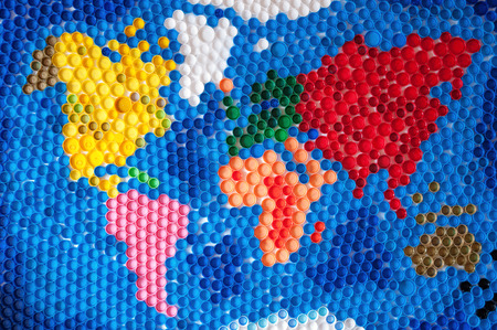 World map made by plastic capsの写真素材